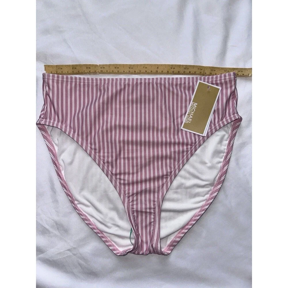 Michael Kors Women’s Pink & White Striped High-Waist Bikini Bottom Size Large